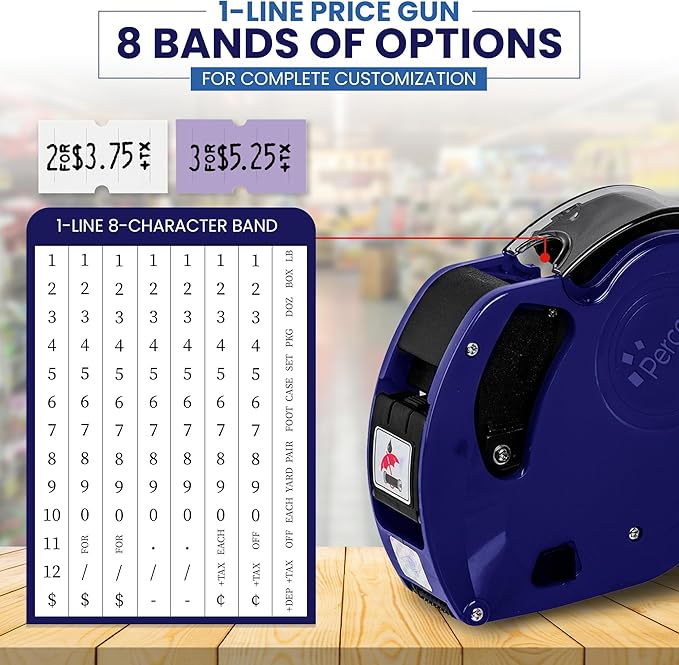 Perco Lite 1 Line Price Gun with Labels Kit - Includes 3 White Rolls, 3 Lavender Rolls, 2 Ink Rollers, 1 Ink roll and Labels Pre-Loaded