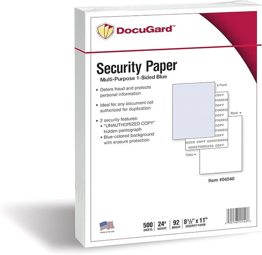 DocuGard Standard Blue Multi-Purpose Security Paper, 2 Features, 8.5 x 11 Inches, 24 lb, 500 Sheets (04540)