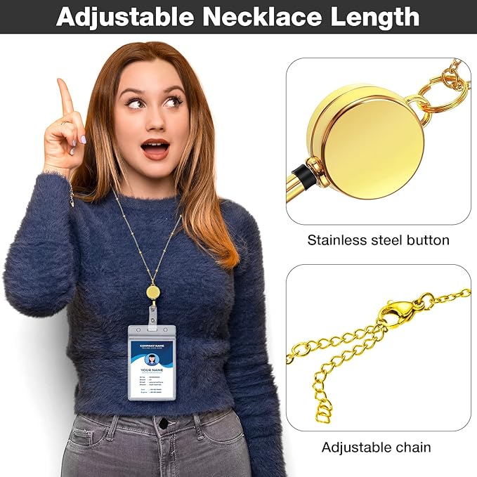 Outus 2 Pieces Badge Lanyard with ID Holders Stainless Steel Badge Holders Necklace Retractable Reel Clip Chain Water Resistant Name(Gold, Black)