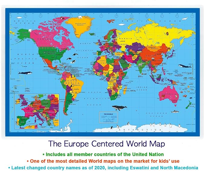 2-Sided Desk Map with Durable Lamination (1 Desk Map: Children's US Map/Europe Centered World Map)