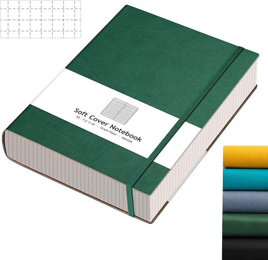 AHGXG Graph Paper Notebook - 320 Pages Grid Paper Notebook Large Journal B5, 100gsm Thick Graph Paper, Leather Softcover, Inner Pocket, 7.6'' X 10''- Green