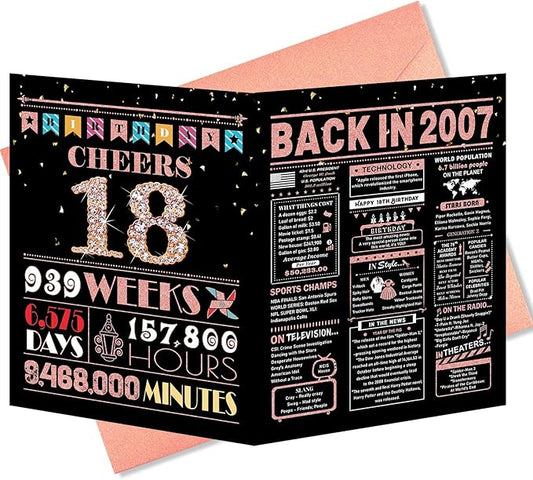 18th Birthday Card, 18th Birthday Decorations for Girls, 18th Birthday Gifts for Daughter, Back in 2007 Birthday Card, Rose Gold