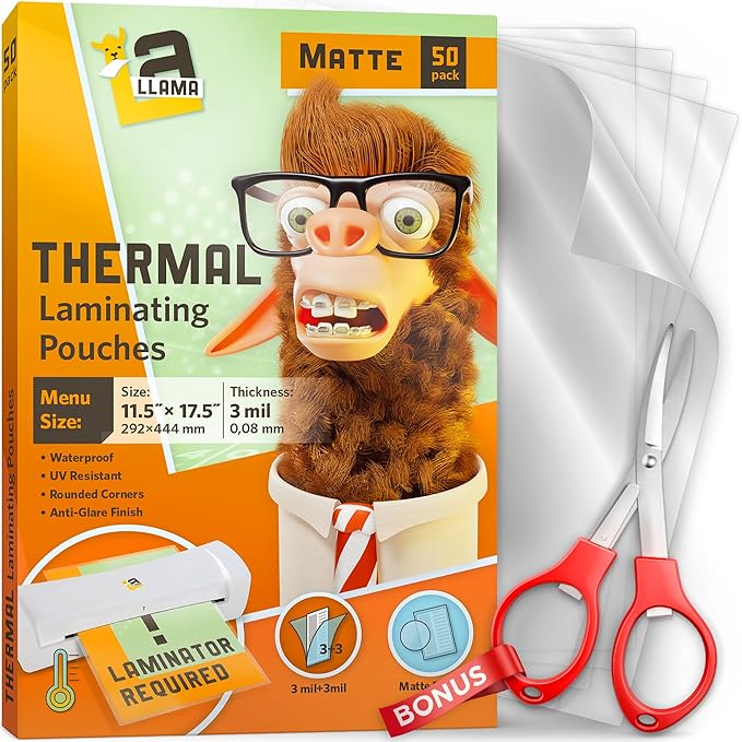 Matte Thermal Laminating Pouches, 11.5 x 17.5 Inches, Matte Finish, 3 Mil Thick, 50 Pack, Suited for Menu Size Laminating Sheets 11 x 17
