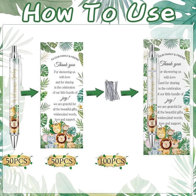 50 Sets Pen Baby Shower Favors Gifts for Guests Includes 50 Rolling Paper Ballpoint Pens and 50 Greeting Thank You Bookmarks Baby Shower Party Favors (Safari)