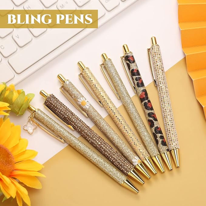 Sherr 7 Pcs Fancy Pens for Women Cute Sparkly Glitter Pens with 10 Pcs Black Ink Refills Pretty Gifts for Girls Office School Christmas Graduation(Gold,Delicate)