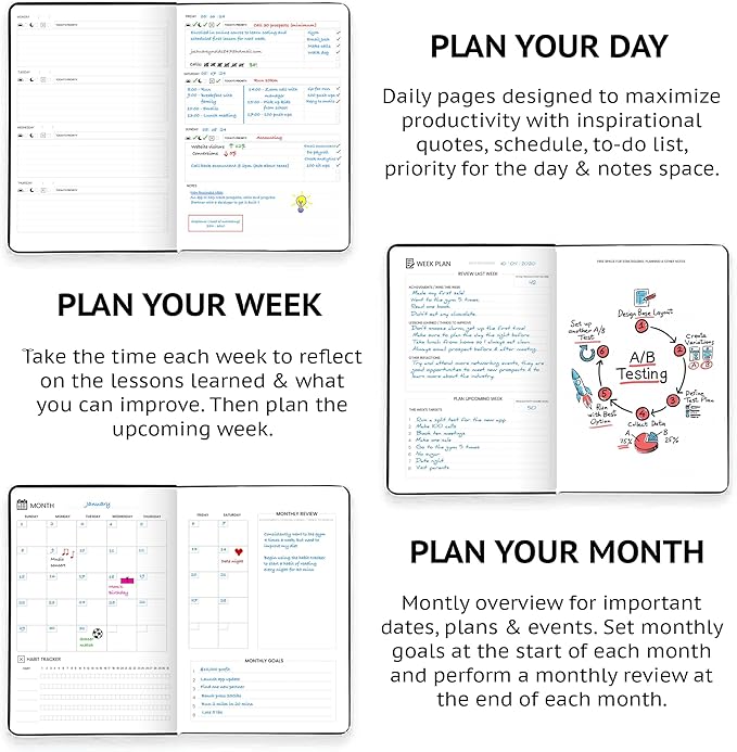 Pro - Goal Setting Planner to Increase Productivity and Achieve Personal and Business Goals. 12 Month Undated Daily, Weekly and Monthly Journal Organizer with Calendar (Black)
