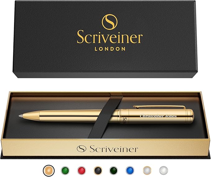 Scriveiner Personalized Gold Ballpoint Pen - Stunning Luxury Pen with 24K Gold Finish, Schmidt Ink Refill, Best Engraved Ball Point Gift Set for Men & Women, Custom Name Engraving