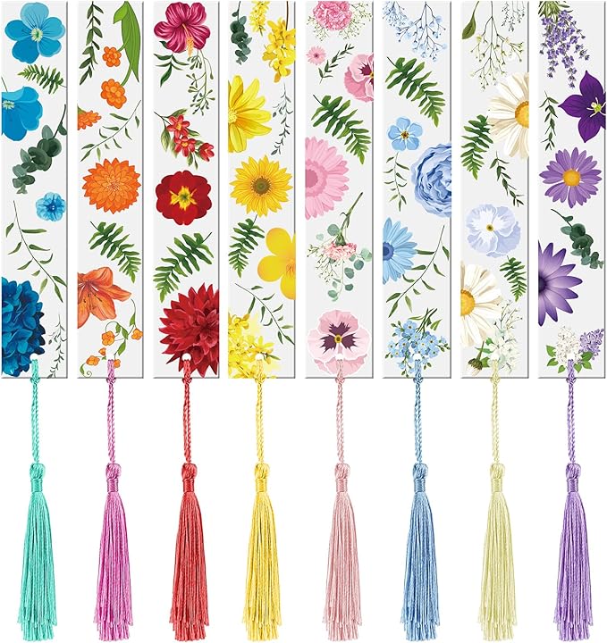 8 Sets Flower Acrylic Bookmarks Transparent Acrylic Bookmarks Cute Floral Bookmarks with Colorful Tassels for Women Teacher Book Lovers, 8 Styles