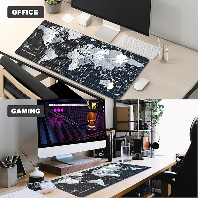 Large Desk Pad Gaming Mouse Pad,Extended Keyboard Mouse Mat Desk Pad with Non-Slip Rubber Base & Stitched Edge for Computers Laptop Desk Home Office Accessories,Map Pattern
