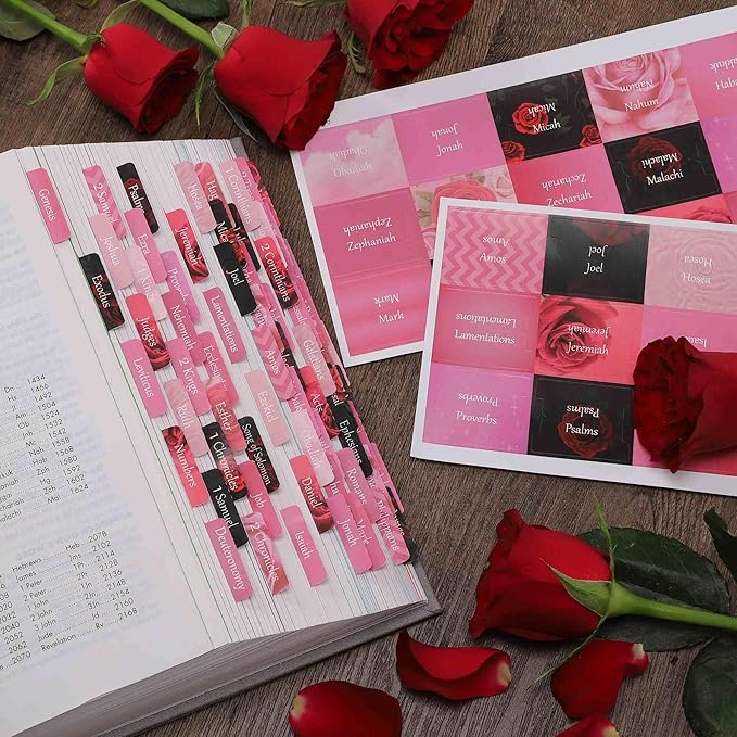 Thinkor Reposition Laminated Bible Tabs, Large Print Stickers, Easy to Read and Apply Bible Tabs for Women and Man (Pink Rose Print)
