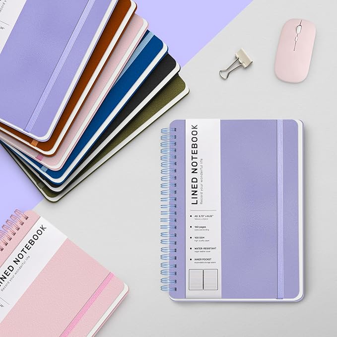 ABERLLS Purple Lined Spiral Journal Notebook with 160 Pages, 8×5.7in, A5 Spiral Notebook, Journaling Notebooks for Work, School, Women, Men, College Ruled Spiral Notebook, Hardcover Leather Journals