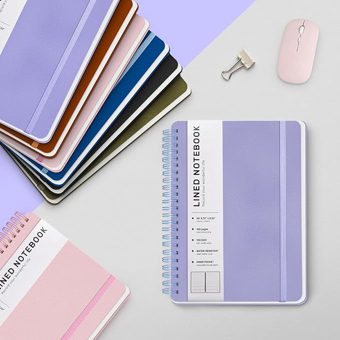 Lined Spiral Journal Notebook, A5 Hardcover Leather Notebook for Work, 5.7''×8.2'', 100GSM Thick Paper Spiral Bound Journaling Notebooks for Women & Men Office School Note Taking Business, Purple