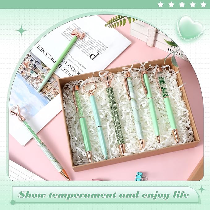 Supervitae 8 Pcs Ballpoint Pen for Women Fancy Gifts for Journaling Liquid Sand Glitter Black Ink Pens Bridal Shower Gifts for Wedding Women Office Desk School Stationery Supplies(Green)