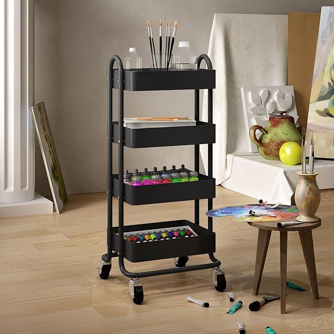 4-Tier Black Rolling Cart,Metal Rolling Utility Cart with Handle,Multifunction Rolling Carts with Wheels,Kitchen Storage Carts Suitable for Office,Home,Kitchen,Garden๏ผ13.4"x18.1"x40"๏ผ Black