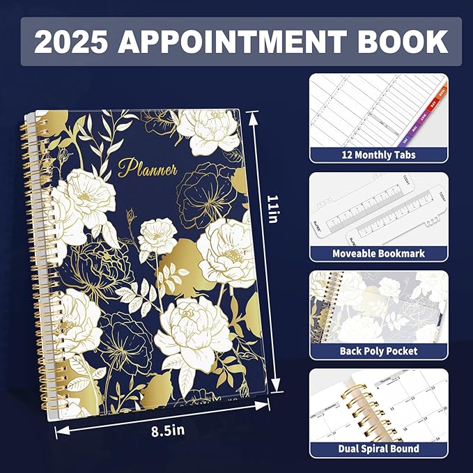 SUNEE 2025 Appointment Book, Quarter-Hourly, Weekly & Monthly - from January 2025 - December 2025, 8.5"x11" Flexible Cover, Notes, Pockets, Bookmark, Spiral Binding, Vintage Floral