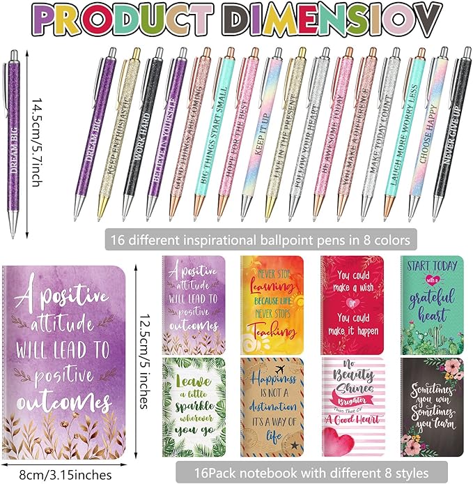 Funrous 32 Pcs Motivational Quote Pens Inspirational Notepads Mini Journal with Ballpoint Pen Small Notebooks Gift Set for Men Women Coworkers, Adult Party Favors Prizes Gift Bulk(Cute)