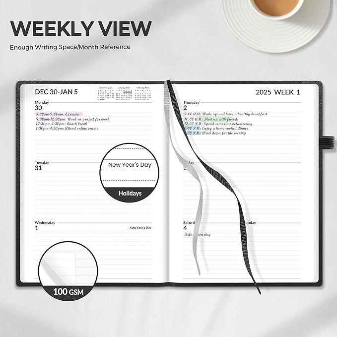 SUNEE 2025 Weekly & Monthly Hardcover Planner 5.5" x 8.3" - 12 Month (January 2025 - December 2025), Small Hardcover Planner, Pocket, Notes, 100 GSM Paper, Black