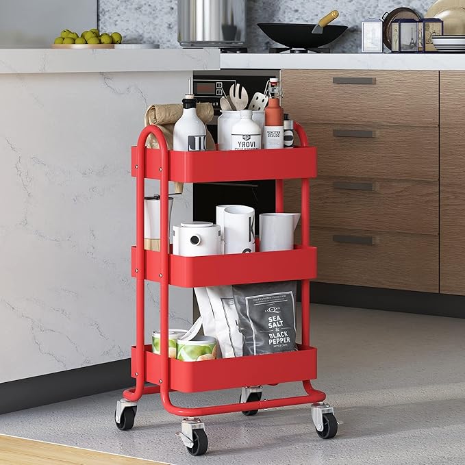 3-Tier Red Utility Rolling Cart,Kitchen Storage Carts with Wheels,Red Metal Rolling Cart for Office,Home,Kitchen,Garden๏ผ13.4"x18.1"x31"๏ผ Red