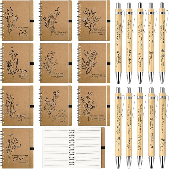 20 Pcs Bible Verse Spiral Notebook with Bamboo Christian Ballpoint Pens Aesthetic Religious Notepads Inspirational Journals Easter Christian Gifts for Women Men Office (Classic Style)