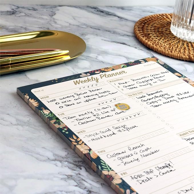 Oriday Weekly Planner Task Organizer Pad - 52 Sheets Undated Planning Tear-away Notepad (7.8" x 10" Dark Flower)