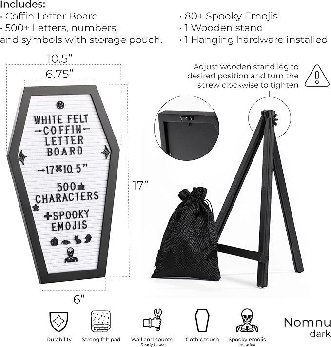 Coffin Letter Board White With Spooky Emojis +500 Characters, and Wooden Stand - 17x10.5 Inches - Gothic Halloween Decor Spooky Gifts Decorations