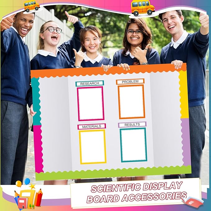 90 Pcs Science Fair Board Supplies 60 Trim Scalloped Bulletin Board Borders 24 Presentation Board Subtitles 6 Science Fair Titles for Classroom Display Boards(Colorful)