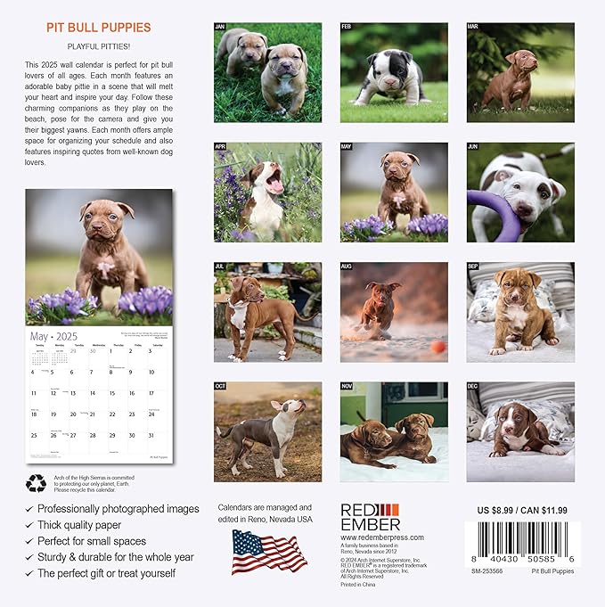 RED EMBER Pit Bull Puppies Mini 2025 Wall Calendar 12 Month | 7" x 14" Open | Thick & Sturdy Paper | Giftable | Calendar 2025