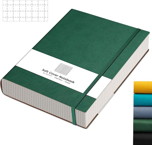 AHGXG Graph Paper Notebook - Grid Paper Notebook Large A4 8.5''×11'', 320 Pages Thick Journal, 100gsm Thick Graph Paper, Leather Softcover, Inner Pocket - Green