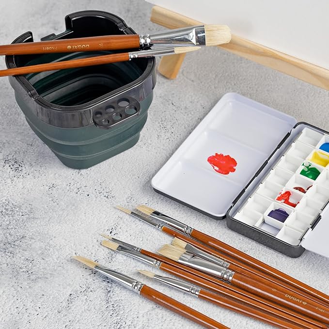 10pcs White Hog Hair Artist Paint Brush Set by DUGATO Perfect for Acrylic Oil Gouache Watercolor, Painting Brushes Kit for Kids, Adults Fabulous for Canvas & Fabric