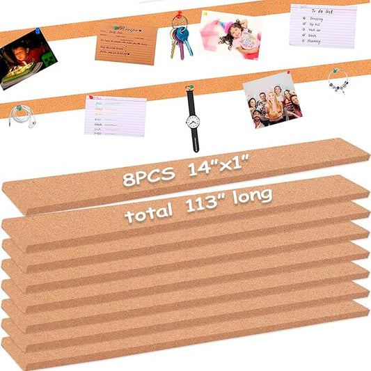 8 Pack Small Bulletin Strip Cork Strip Cork Board Tiles Bulletin Bar Strips for Walls, Adhesive Pin Board for Classroom Memo Office Home Kitchen School Desk, 14"x1"-10mm Thick