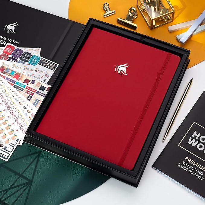 Clever Fox Planner PRO Premium Jan 2025-Jan 2026 – Luxurious Weekly, Monthly & Budget Agenda Organizer for Productivity & Reaching Goals, A4 Hardcover + Keepsake Box – Red