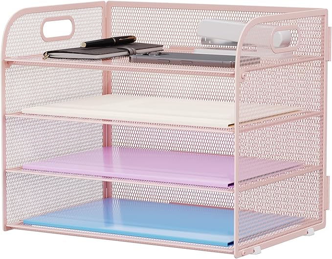 Marbrasse 4 Tier Paper Organizer Letter Tray - Mesh Desk File Organizer with Handle, Paper Sorter Organizer for Letter/A4 Office File Folder Holder (Pink, 12.6" x 9.1" x 10.7")