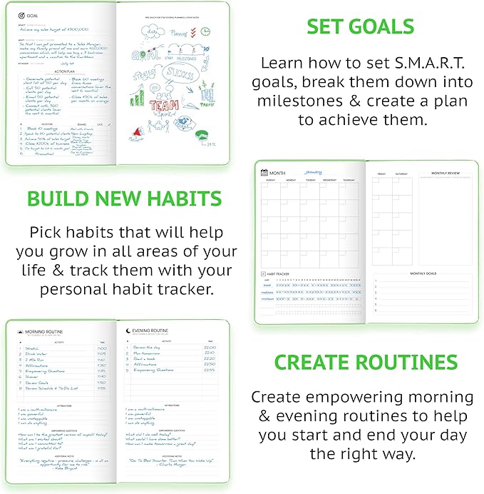 Pro - Goal Setting Planner to Increase Productivity and Achieve Personal and Business Goals. 12 Month Undated Daily, Weekly and Monthly Journal Organizer with Calendar (Lime Green)