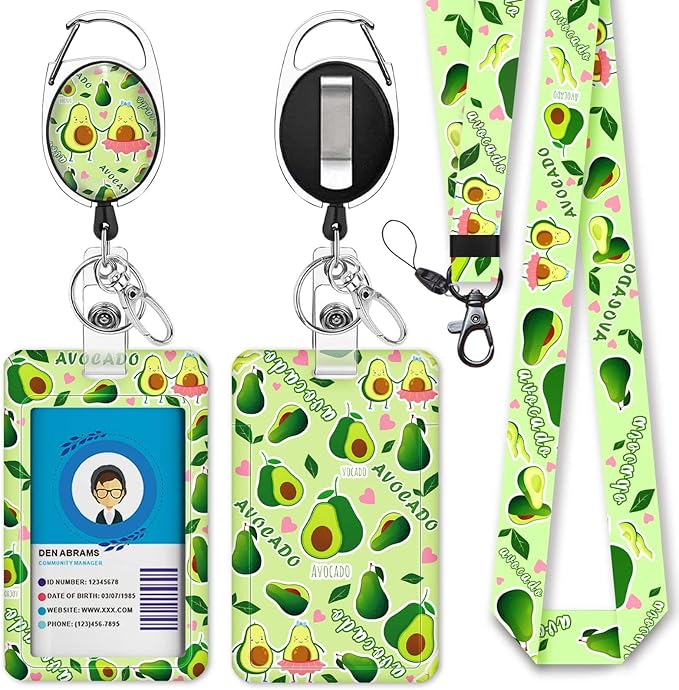 Cute Avocado Badge Reels Retractable with Carabiner Reel Clip, ID Badge Holder Case with Detachable Lanyard Keychain, Nurse Doctor Office School Teacher Name Credit Card Pocket
