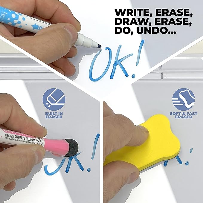 Desktop Whiteboard - Glass Dry Erase White Board- Desk Computer Buddy – Home Office & Studying Essentials - Desktop Pad with Phone & Tablet Slot, Storage Compartment - Includes 4 Markers, 1 Eraser