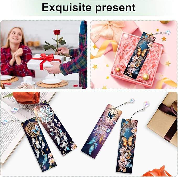 4 Pieces Diamond Painting Bookmarks for Adults 5D Rhinestone Art Bookmarks Dreamcatcher Art Beautiful Butterfly Bookmarks DIY Diamond Painting Bookmarks with Tassels Crafts Supplies