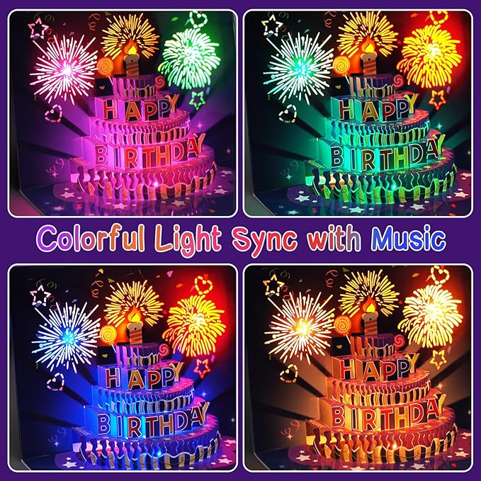Fireworks Birthday Cards, 3D Pop Up Blowable Cake Greeting Cards with Lights Music, Happy Birthday Gifts for Women Men Kids Mom Dad Grandma