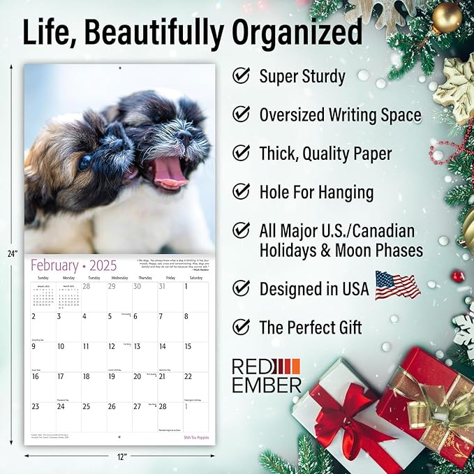 RED EMBER Shih Tzu Puppies 2025 Wall Calendar 12 Month | 12" x 24" Open | Thick & Sturdy Paper | Giftable | Calendar 2025