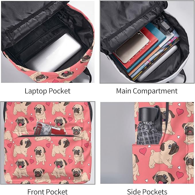 16 inch backpack Cartoon Pugs Puppies Laptop Backpack Full Print School Bookbag Shoulder Bag for Travel Daypack