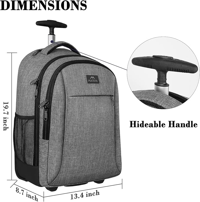 MATEIN Rolling Backpack with Wheels, Water Resistant Travel Laptop Backpacks for Women Men, Large College Wheeled Backpack for Adult, 17 Inch Roller Computer Bag, Carry On Luggage for Airplanes, Grey