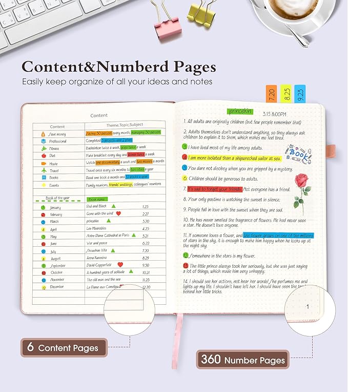 Dotted Journal Notebook, 360 Numbered Pages Bullet Journals, 100gsm Dot Paper Thick Hardcover Leather Journal for Writing Women Men,A5 Dotted Grid Notebooks for Work 5.75" x 8.38" Pink