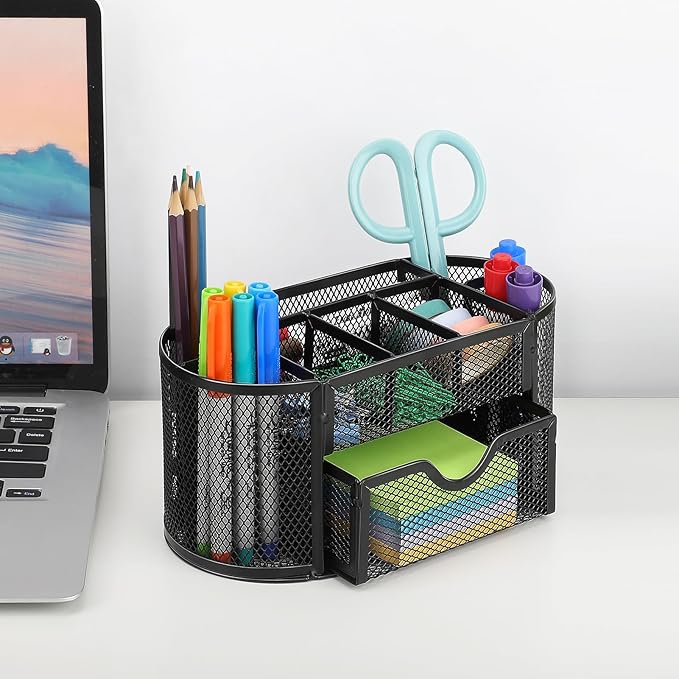 MaxGear Desk Organizer, Pencil Holder for Desk with Drawer, 9 Compartments, 8.75" x 4.5" x 4" Metal Mesh Stationary Organizer, Black Desk Caddy for Office, School & Home