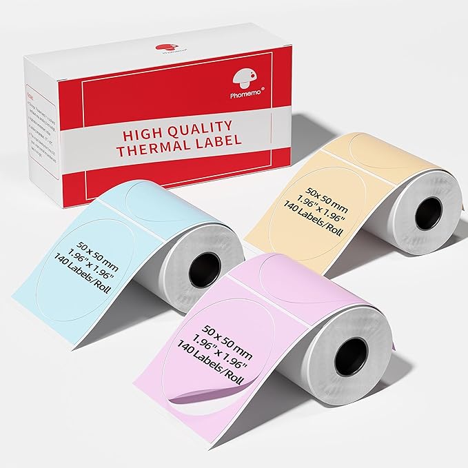 3 Roll Circle Thermal Labels Compatible with Phomemo M110/M221/M220/M120/M200/M110S Label Printers, 1.96"(50mm),Round Thermal Paper for Design Logo/Gift/Business,140Labels/Roll,Blue/Pink/Khaki