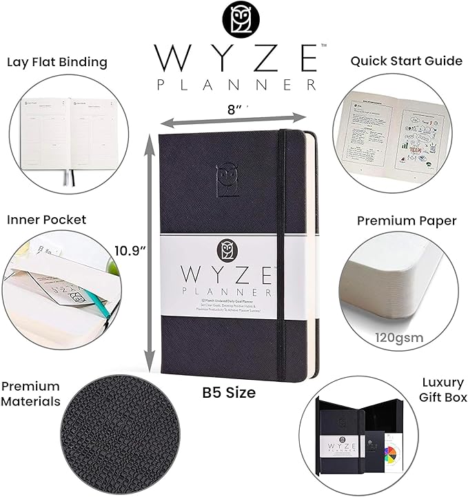 Pro - Goal Setting Planner to Increase Productivity and Achieve Personal and Business Goals. 12 Month Undated Daily, Weekly and Monthly Journal Organizer with Calendar (Black)