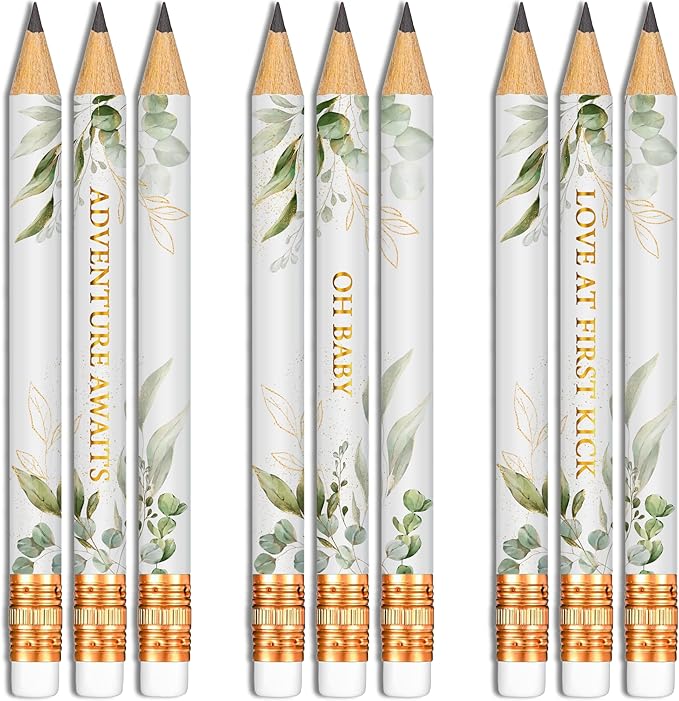 Markt Mini Pencils For Baby Shower Games For Girl Or Boy, Heart Pencils, Small Pencil Set (Greenery, Eucalyptus)
