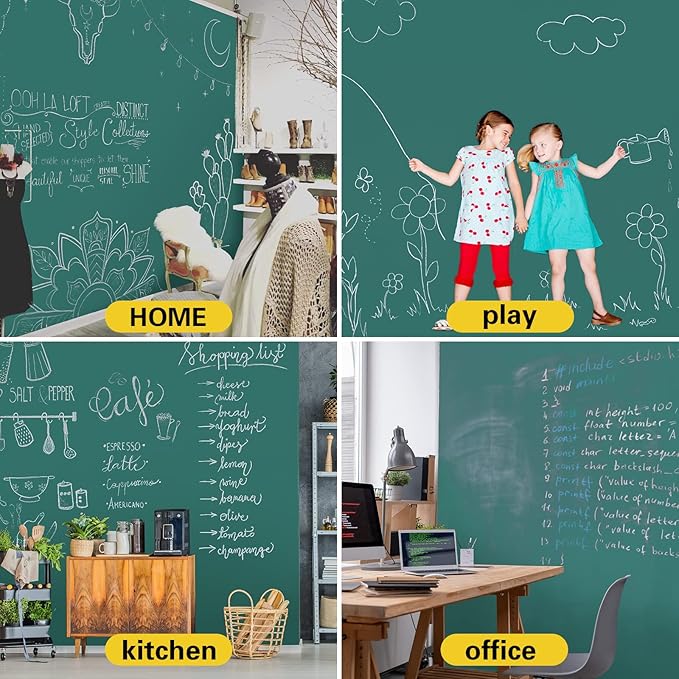 Chalkboard Wallpaper Stick and Peel: Green Contact Paper Classroom Chalkboard Stickers Chalk Board Paint Self Adhesive Wall Paper with 8 Colorful Chalks (17.5 X 78.7 Inches)