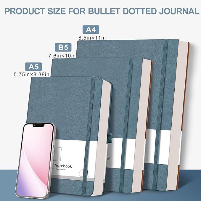 AHGXG Bullet Dotted Journal - Large A4 Notebook Dotted, 8.5''×11'', 320 Pages Dot Grid Notebook, 100gsm Thick Paper, Leather Softcover, with Journal Stencils, Inner Pocket - GrayBlue