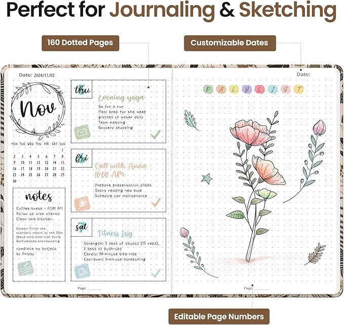 Bullet Dotted Journal Notebook for Women & Men, Hardcover Leather Journal for Writing, A5 Bullet Journaling Notebook for Work & Sketching, Perfect for Office School Home Supplies, 160 Pages, Magical Forest