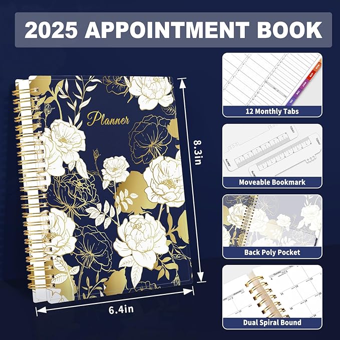 SUNEE 2025 Appointment Book, Quarter-Hourly, Weekly & Monthly - from January 2025 - December 2025, 6.4"x8.3" Flexible Cover, Notes, Pockets, Bookmark, Spiral Binding, Vintage Floral