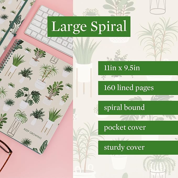 Steel Mill & Co Cute Large Spiral Notebook College Ruled, 11" x 9.5" with Durable Hardcover and 160 Lined Pages (Sage Plants)